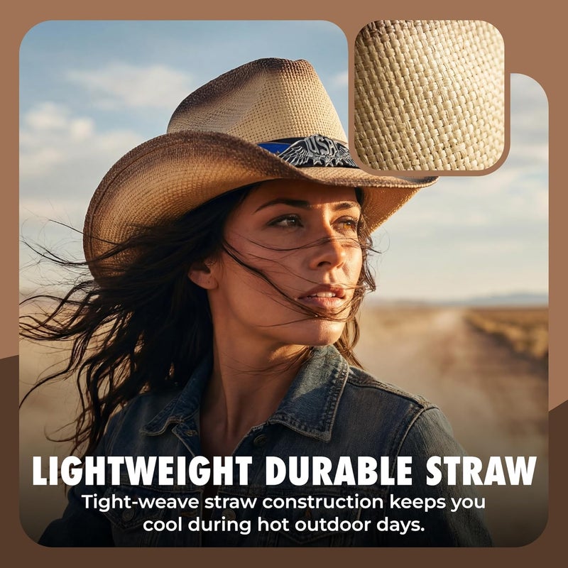 grinderPUNCH Western Outback Cowboy Hat Men's Women's Style Classic Straw Western Cowgirl Hat - Image 4